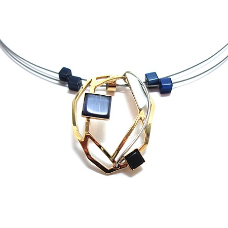 Shiny Yellow Gold Multiwire Necklace with Navy Catsite - Click Image to Close